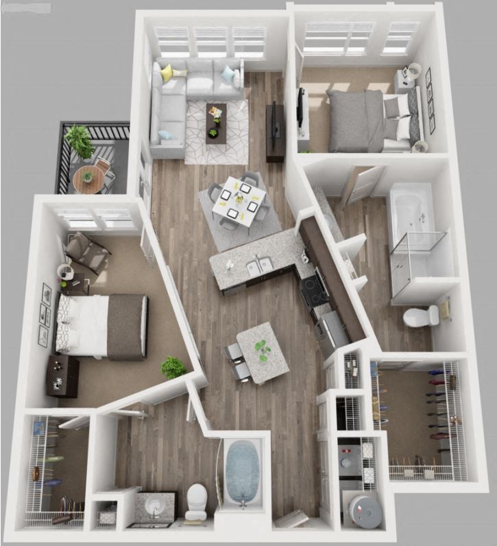 Floor plan for 2 beds, 2 baths, 1168 sqft